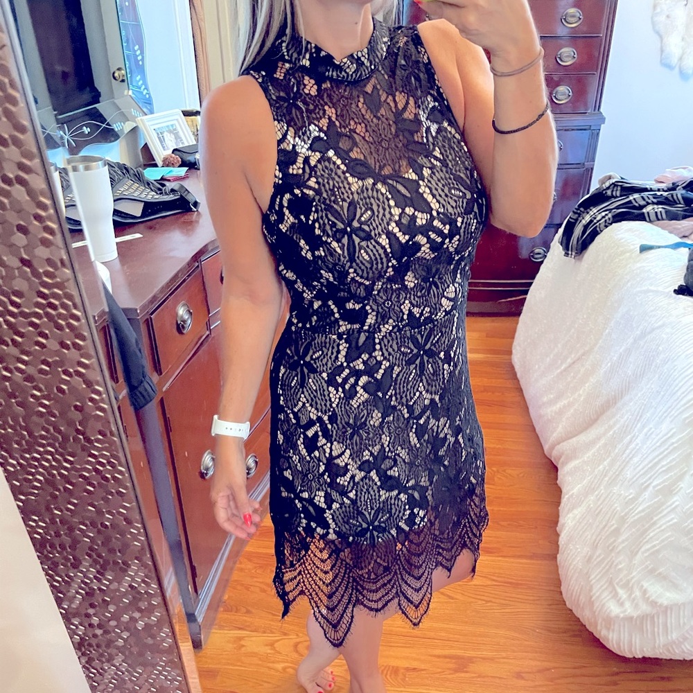 Fancy Black and Nude High Neck Lace Dress